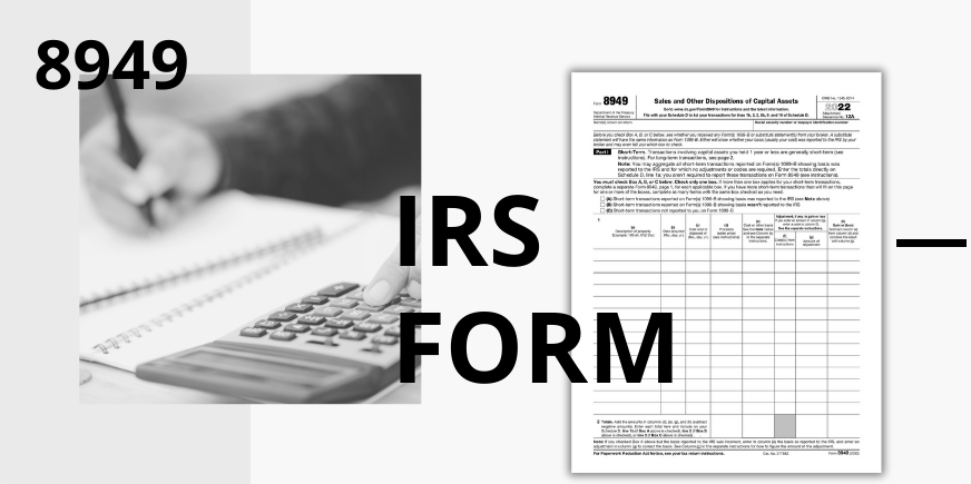 The copy of the blank form 8949 for 2023 and the photo of the person filling out the document